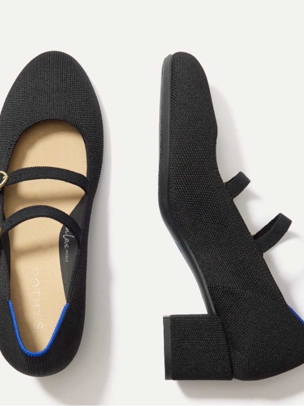 Rothy's Black Knit Mary Jane with Blue Trim Block Heel